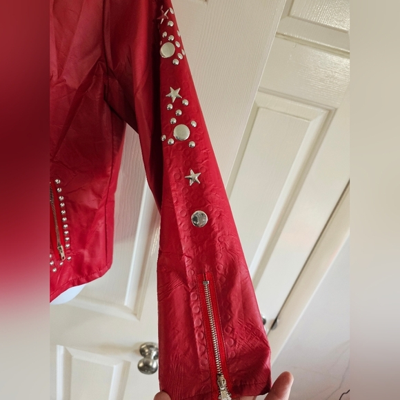 Women’s Medium Red Studded Moto Jacket Retro Lightweight Windbreaker Style Zip - Picture 3 of 7